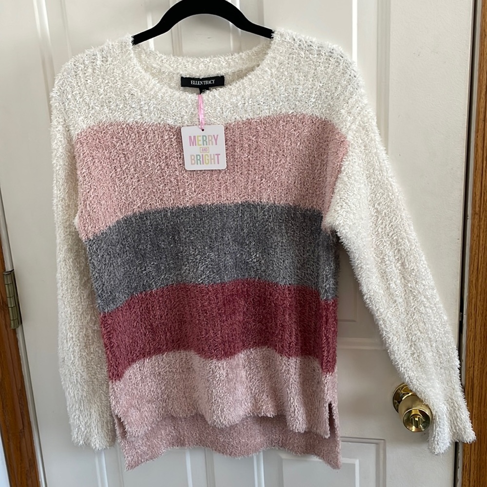 Ellen Tracy Eyelash Color Blocked High Low Hem Sweater Medium